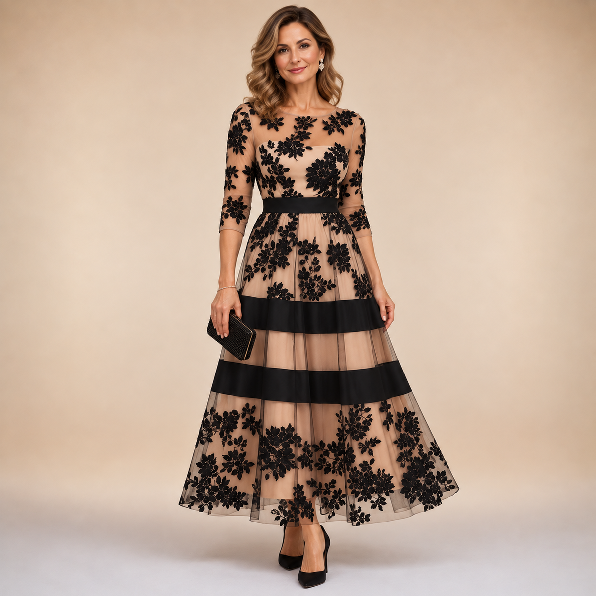Adeline™ Floral Lace Midi Evening Dress