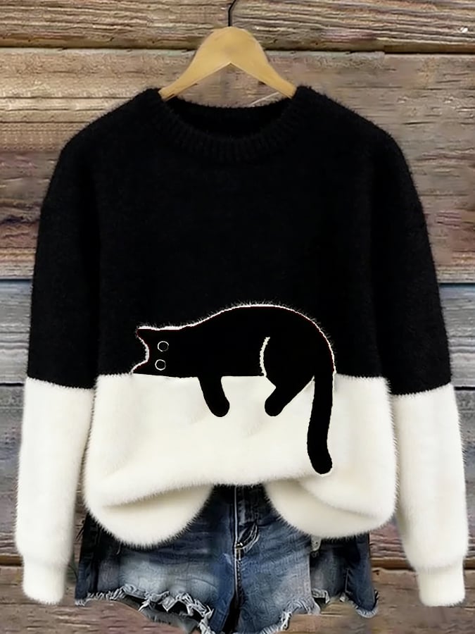 Aileen™ Elegant Cat Print Oversized Sweater