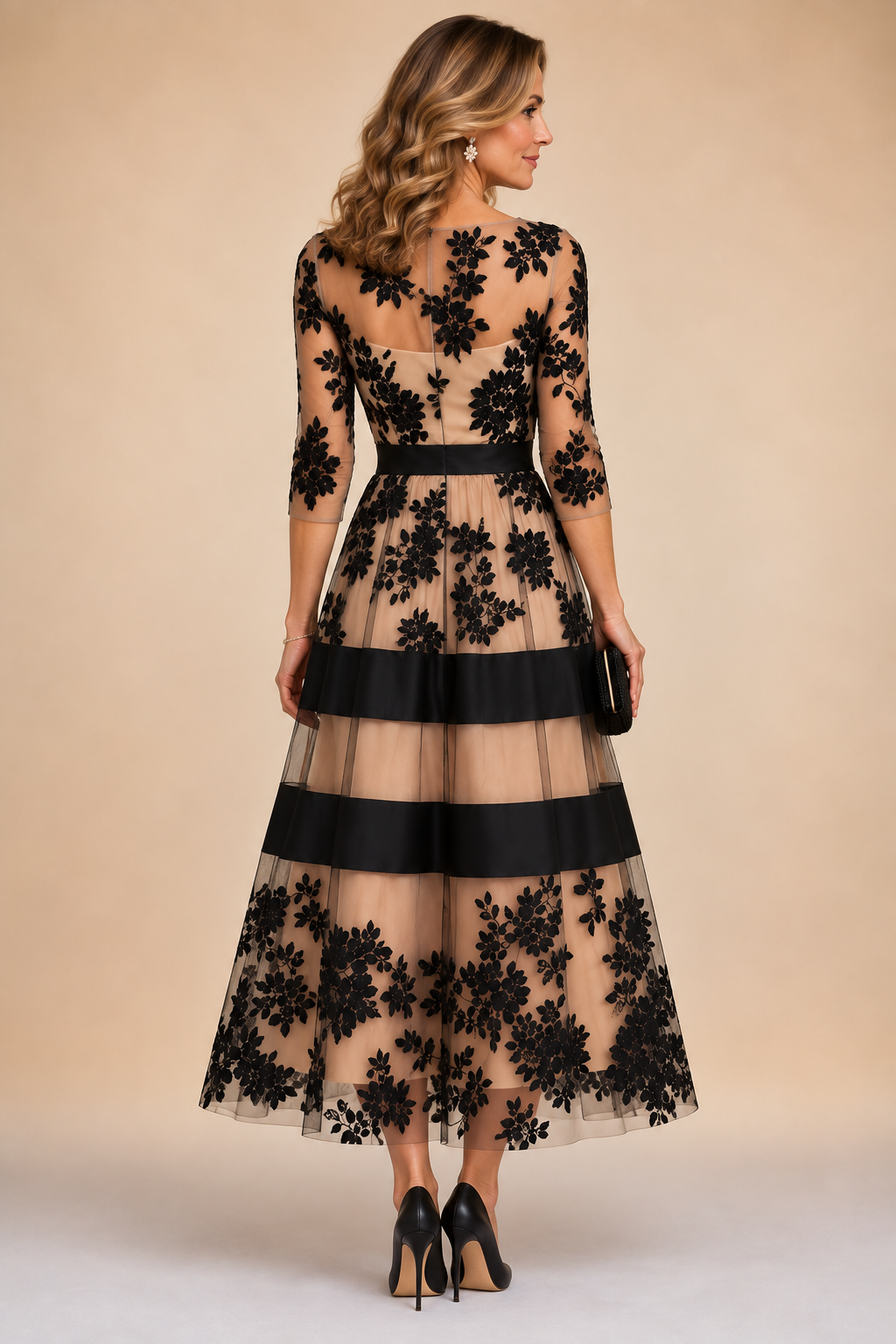 Adeline™ Floral Lace Midi Evening Dress