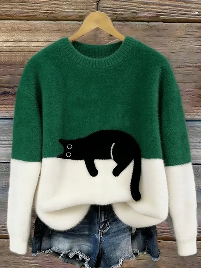 Aileen™ Elegant Cat Print Oversized Sweater