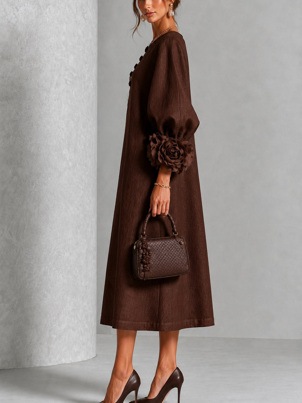 Midi Dresses with Flower Buttons and Extravagant Flower Sleeves