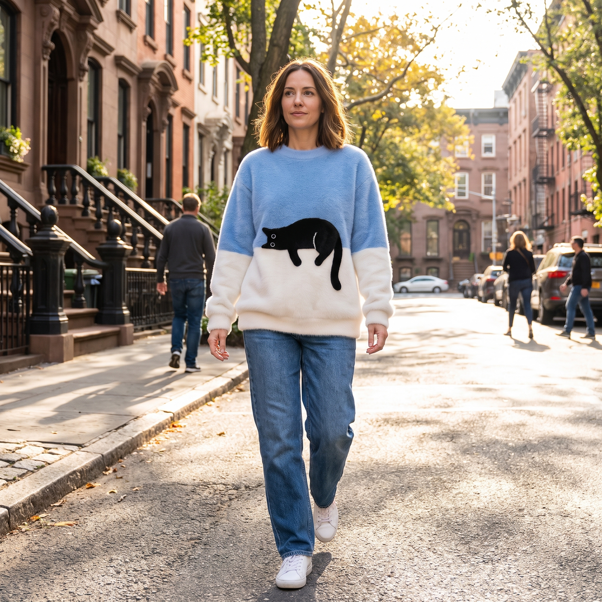 Aileen Elegant Cat Print Oversized Sweater
