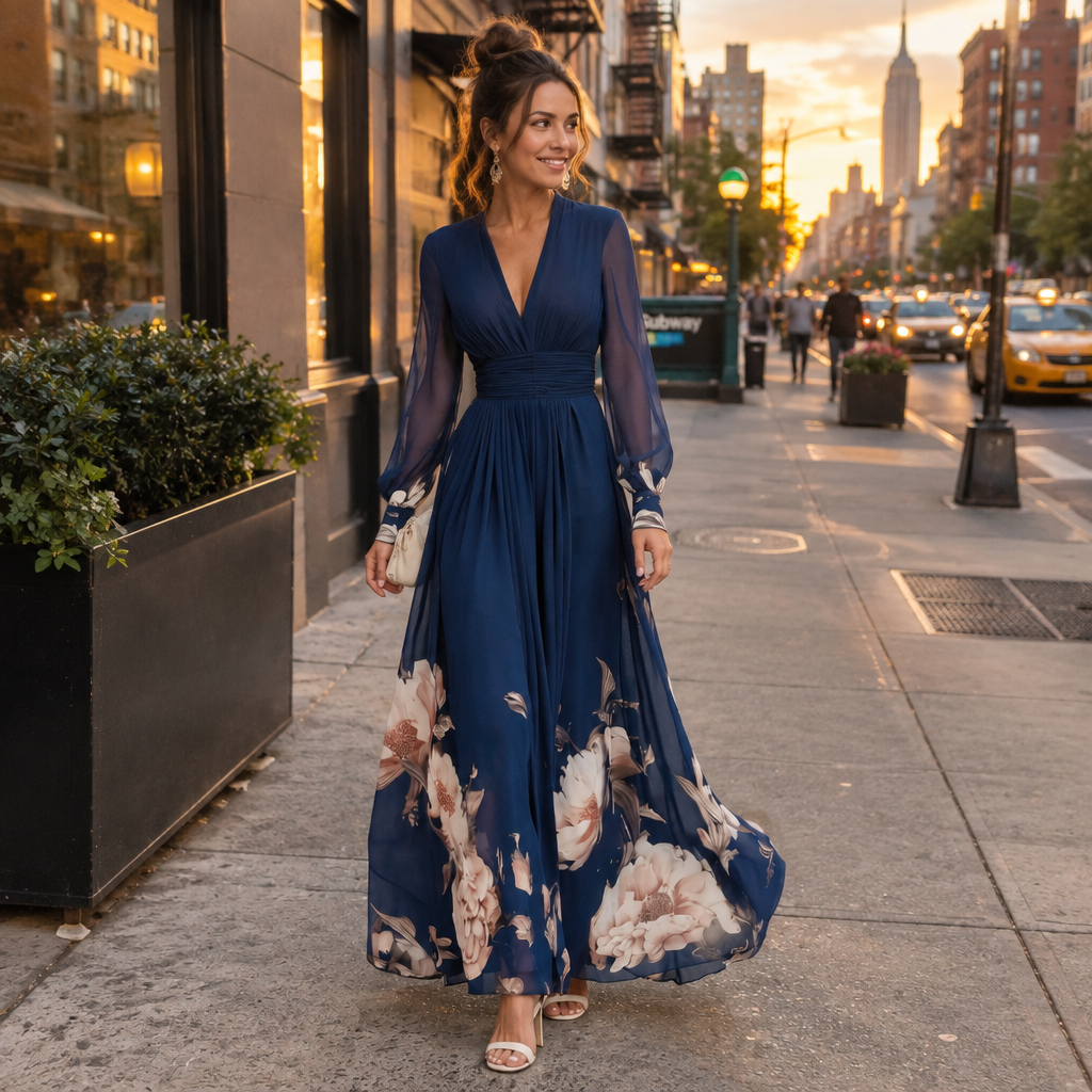 Maude Floral Hem Sheer Sleeve Maxi Dress